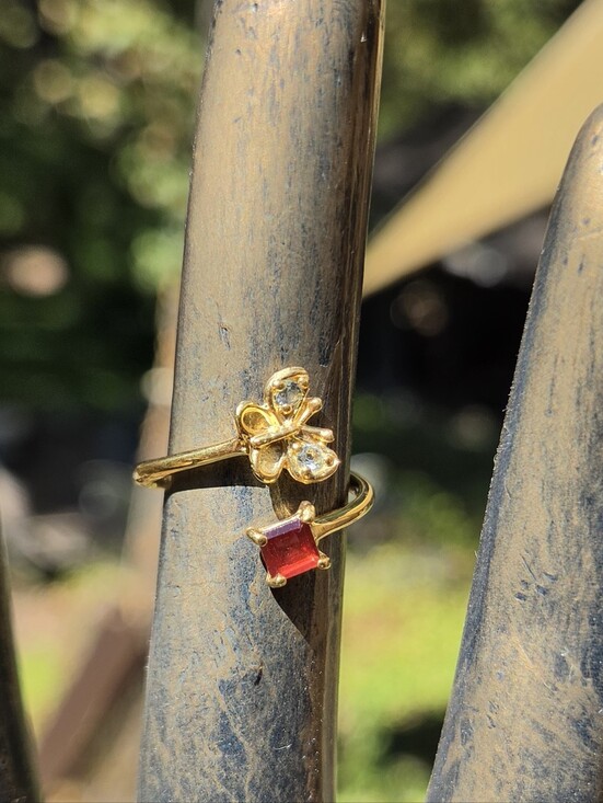 Celestial Kharma Collection by Avelon Jewelry - Garnet & Topaz Natural Gemstone Butterfly Sterling & Gold Ring Sz6.5 Adjustable